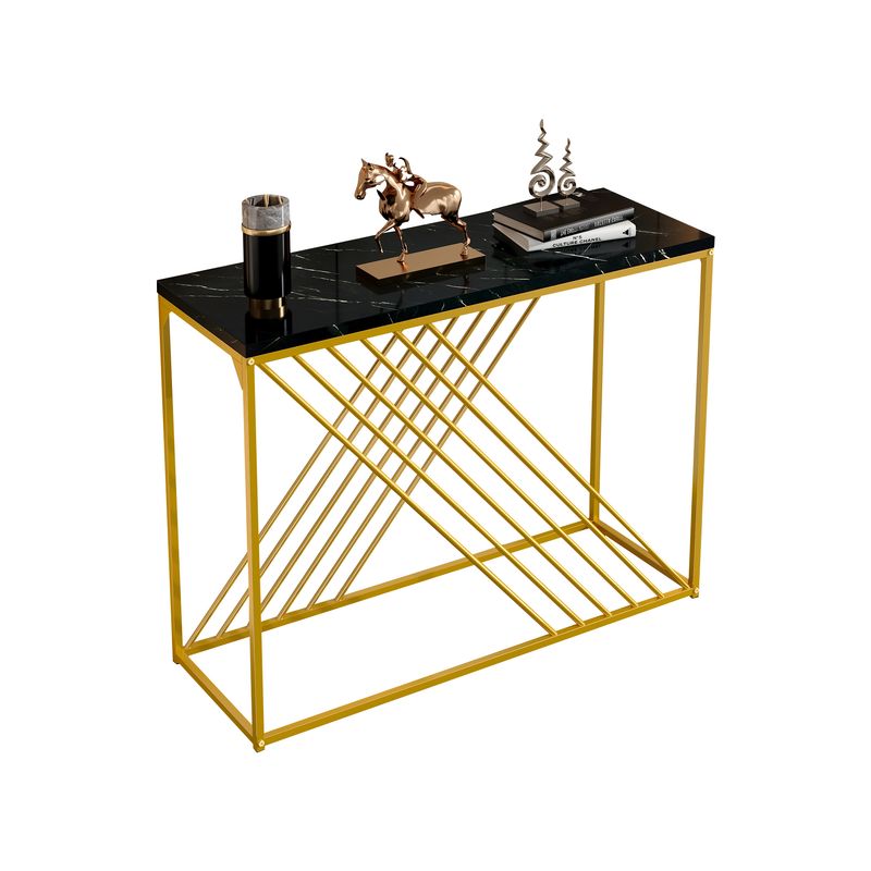 Console noire avec pieds dorés, 100 x 35 x 77 cm, table d'entrée en MDF brillant, table de couloir, buffet, table d'appoint, style vintage_voghion.com