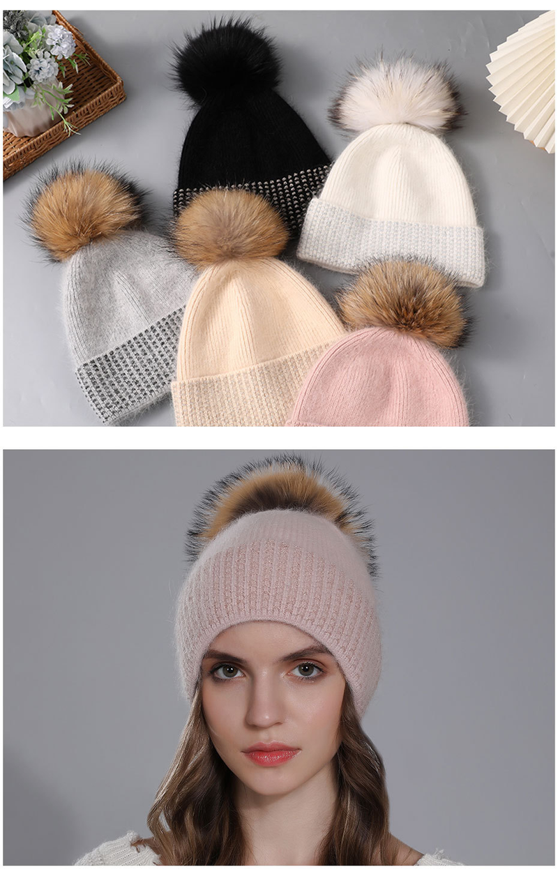 Echter Waschbärfellball für Damen, warm gestricktes Kaninchenhaar für Kinder, modische Wintermütze aus Wolle_voghion.com