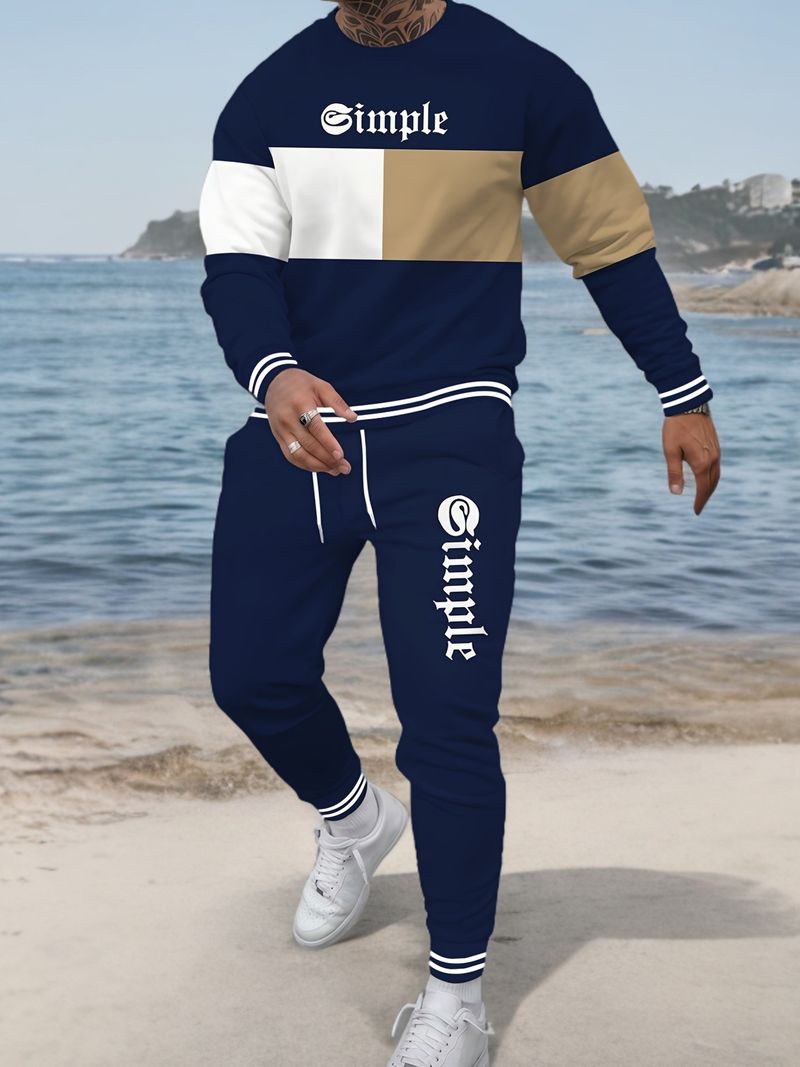 Conjunto de sudadera y pantalón de chándal de cuello redondo para hombre, sencillo e informal, con estilo y comodidad para el día a día._voghion.com