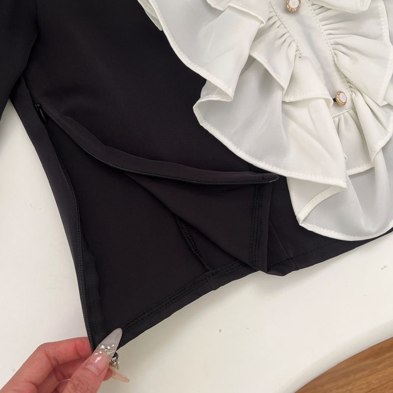 Französischer Plissee-Spitzenkragen mit Blasenärmeln für Damen im Herbst 2024-Design, Nischen- und einzigartiges Hemd mit Rüschenrand_voghion.com