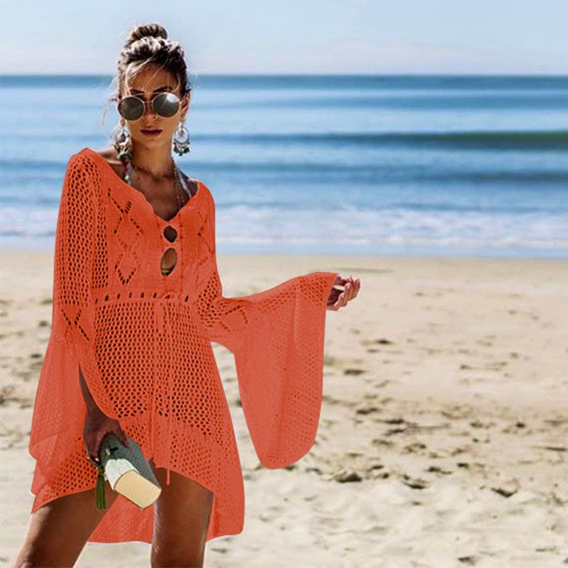 Unregelmäßiger tiefer V-Ausschnitt für Damen, sexy, ausgehöhlt, gewebt, Strandkleid, Überzug_voghion.com