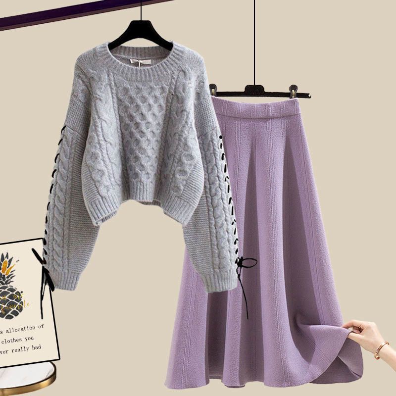 Ropa de mujer, nuevo estilo, suéteres holgados que reducen la edad, cintura alta, falda de largo medio, traje de dos piezas_voghion.com