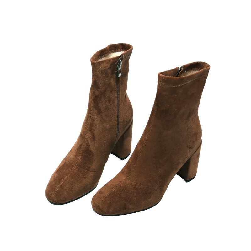 Herbst Winter Neue Britischen Stil Martin Kurze Square Toe High Heel Vielseitig Mode Elastische Dünne Stiefel Modische_voghion.com