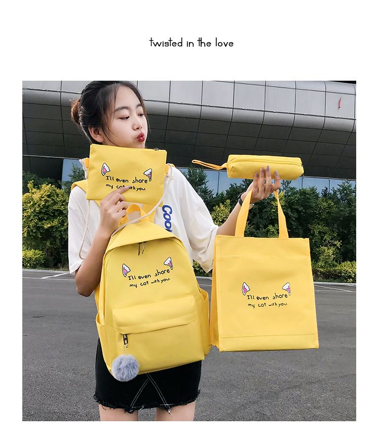 Rucsac de primăvară și de vară pentru femei, nou, la modă, cu patru piese, din pânză, cu urechi de pisică, pentru studenți și școală_voghion.com