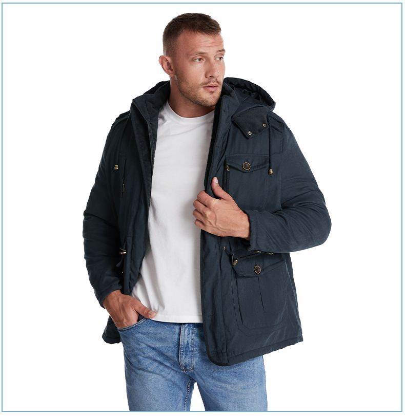 Men's Plus Size Shearling Hooded Cotton Jacket Thickened Multi-Pocket Cotton Top Casual Mid-Length Coat_voghion.com