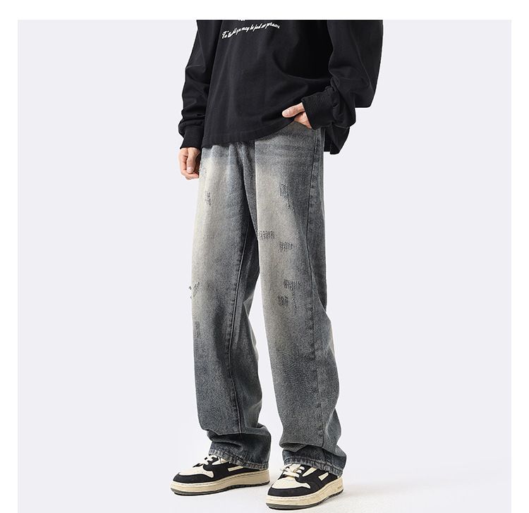 Amerikaanse Vintage Straight Loose Washed Denim Jeans Voor Heren, Herfst En Winter Ins Trendy High Street Broeken, Casual Wijde_voghion.com