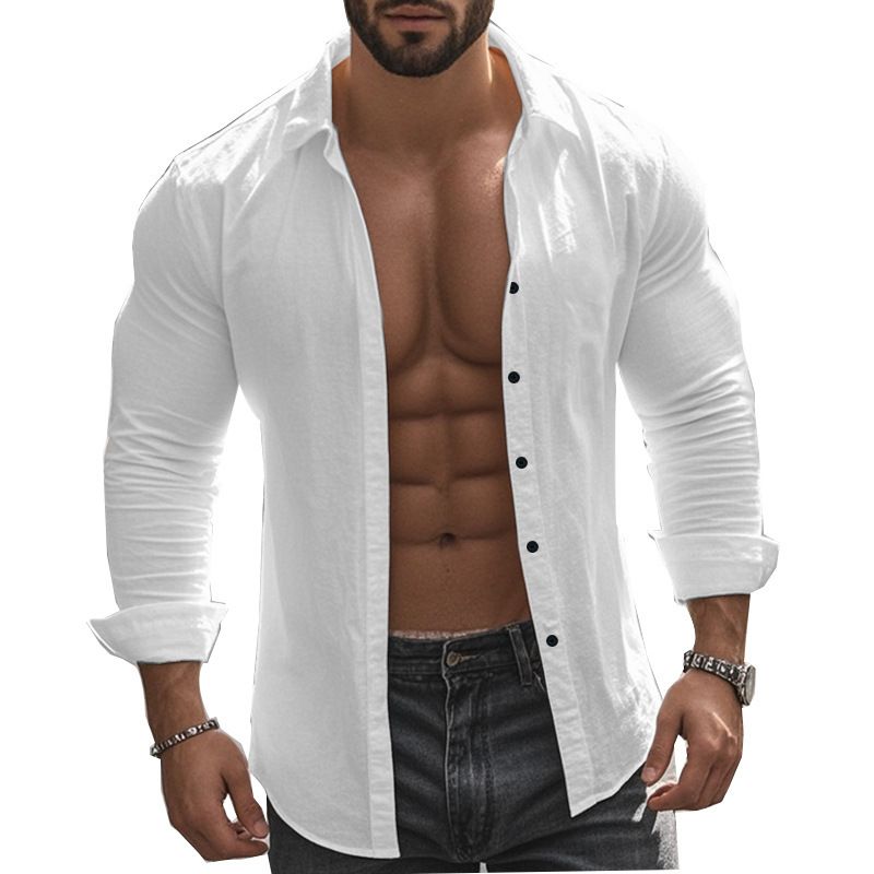 Langärmliges Herrenhemd aus Baumwolle – Relaxed Fit, Button-Down-Kragen, einfarbig, für Strand und Alltag_voghion.com