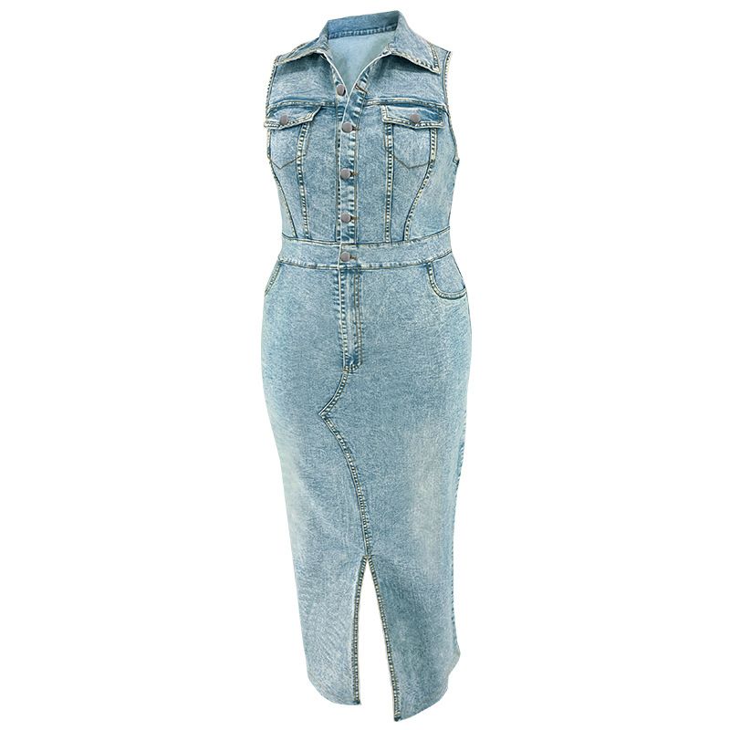 Abbigliamento da donna taglie forti abito senza maniche in denim con spacchi sul bavero_voghion.com