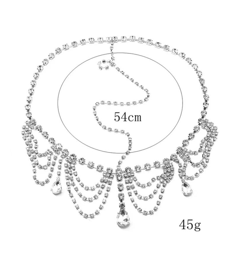 Diadema con cadena para la frente, estilo nupcial, con borlas de diamantes exagerados y gotas de agua_voghion.com