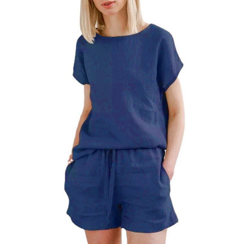 Tuta da donna con maniche corte, in cotone e lino, stile retrò, casual, tinta unita, con coulisse e pantaloncini._voghion.com