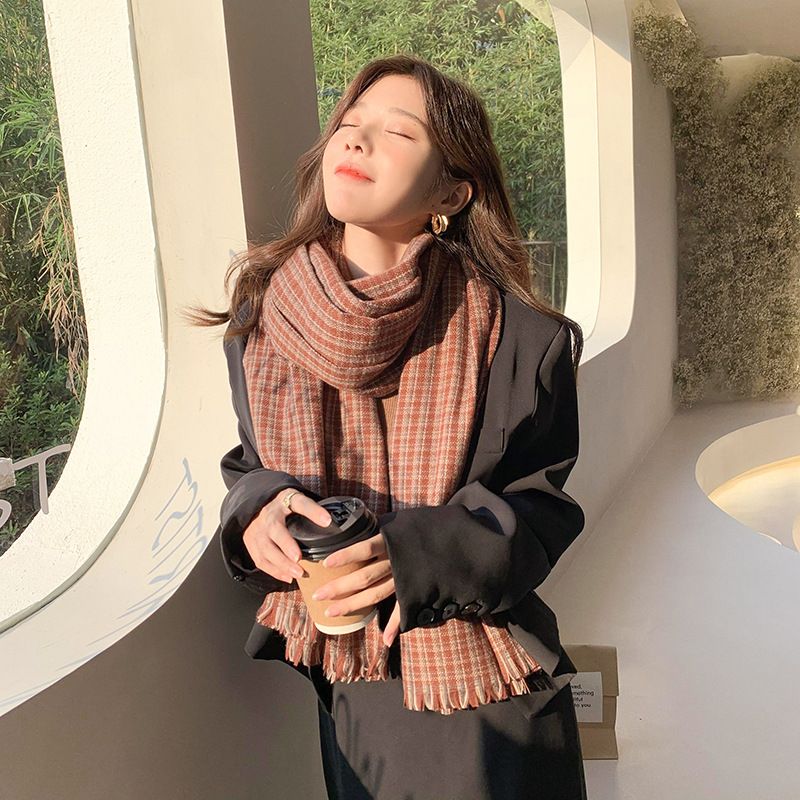 Sciarpa in cashmere a griglia fine piccola e calda con collo a scialle e barba corta, stile autunno e inverno, da donna, Thousand Bird_voghion.com