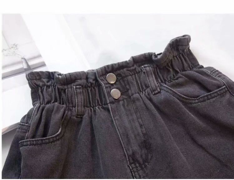 Abbigliamento da donna, vita alta, taglie forti, pantaloncini in denim elasticizzati, larghi, aderenti, con orlo arricciato, linea ad A, gamba larga_voghion.com