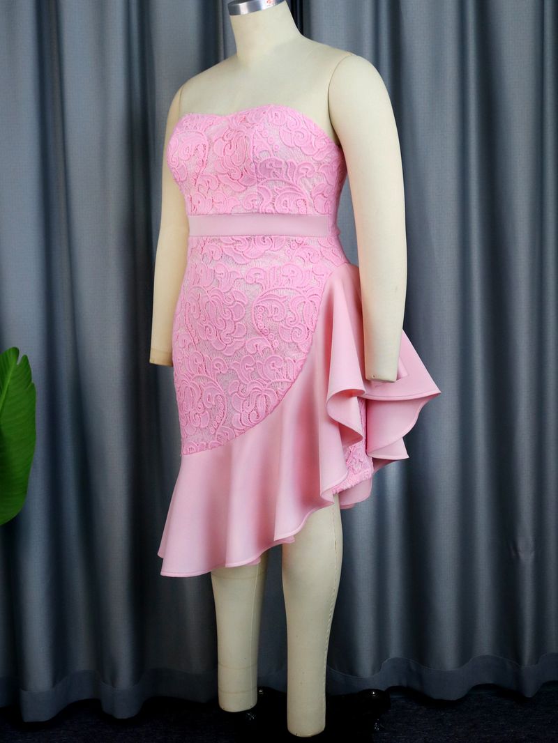 Women's lace patchwork dress plus size celebrity wave tube top dresses_voghion.com