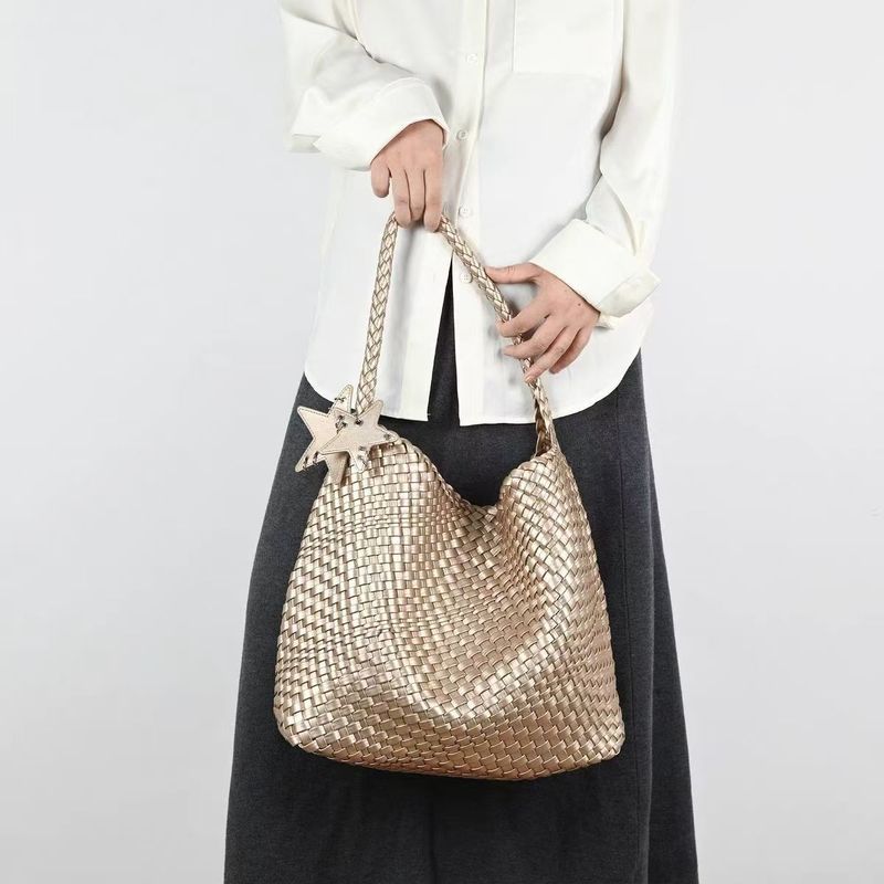 Borsa a secchiello da donna con motivo intrecciato color champagne, grande capacità, da portare a mano o a spalla_voghion.com