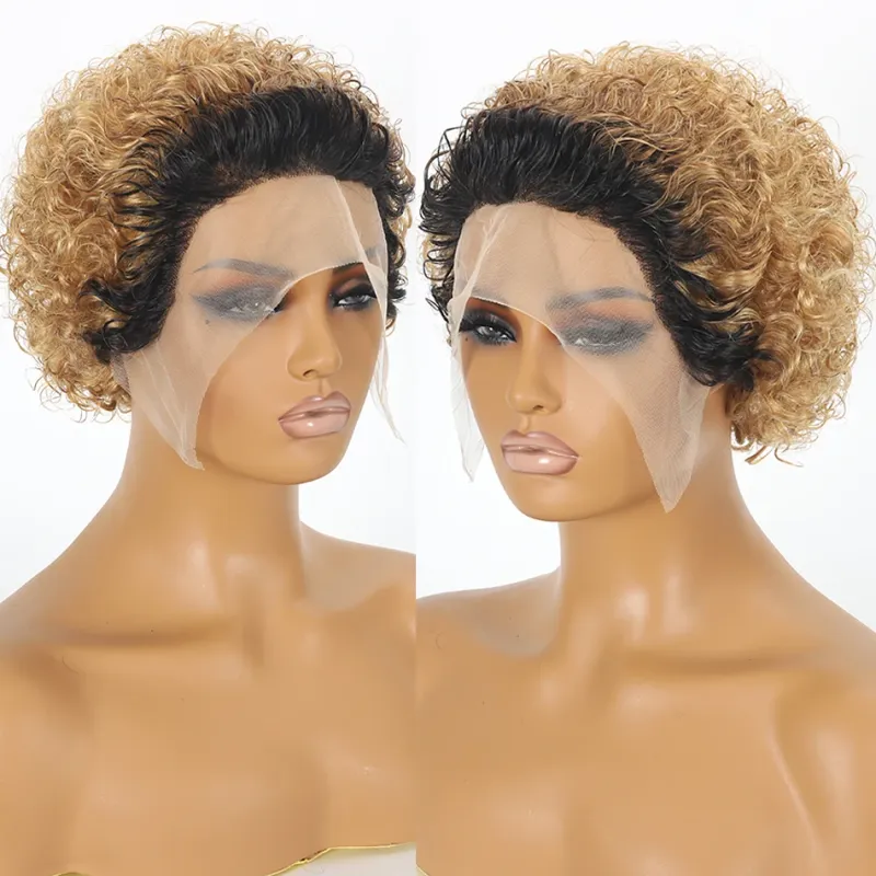 Curly Pixie Lace Human Hair Wig Water Wave Short Bob Wig for Women 13X1 Transparent Lace Cheap Ombre Burgundy_voghion.com