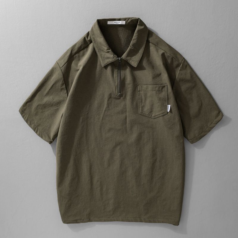 Short Sleeved Summer Thin Trendy Loose Workwear T-shirt With Half Zipper For Men_voghion.com