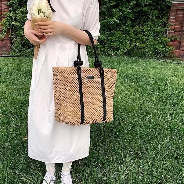 Borsa da spiaggia da donna casual, con tracolla in paglia, con fibbia, in corda di carta cava, grande capacità_voghion.com
