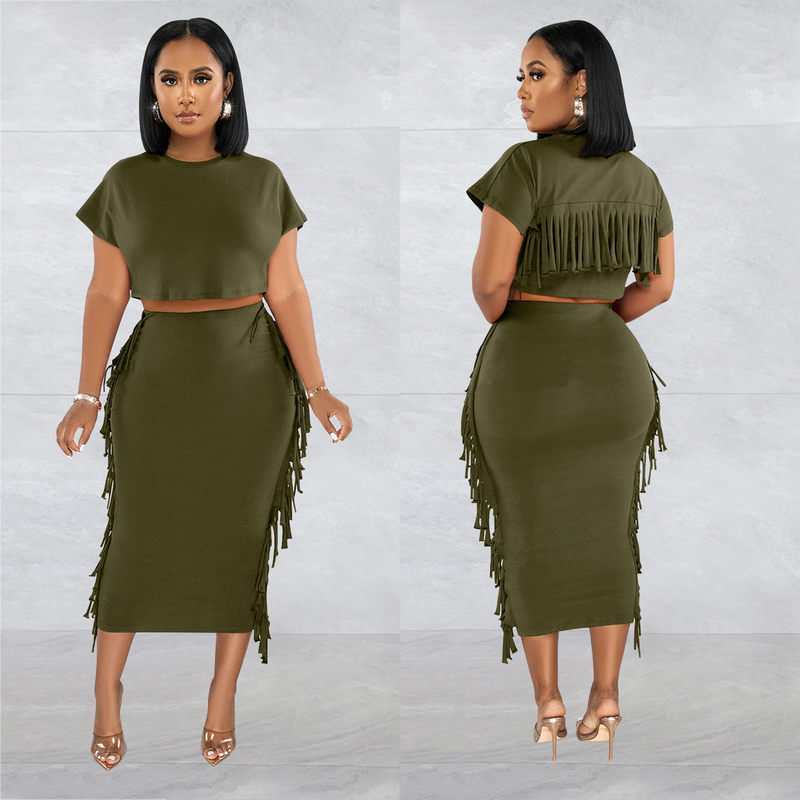 X6331 Ensemble deux pièces pour femme, robe longue à manches courtes et col rond, couleur unie, avec pompons_voghion.com