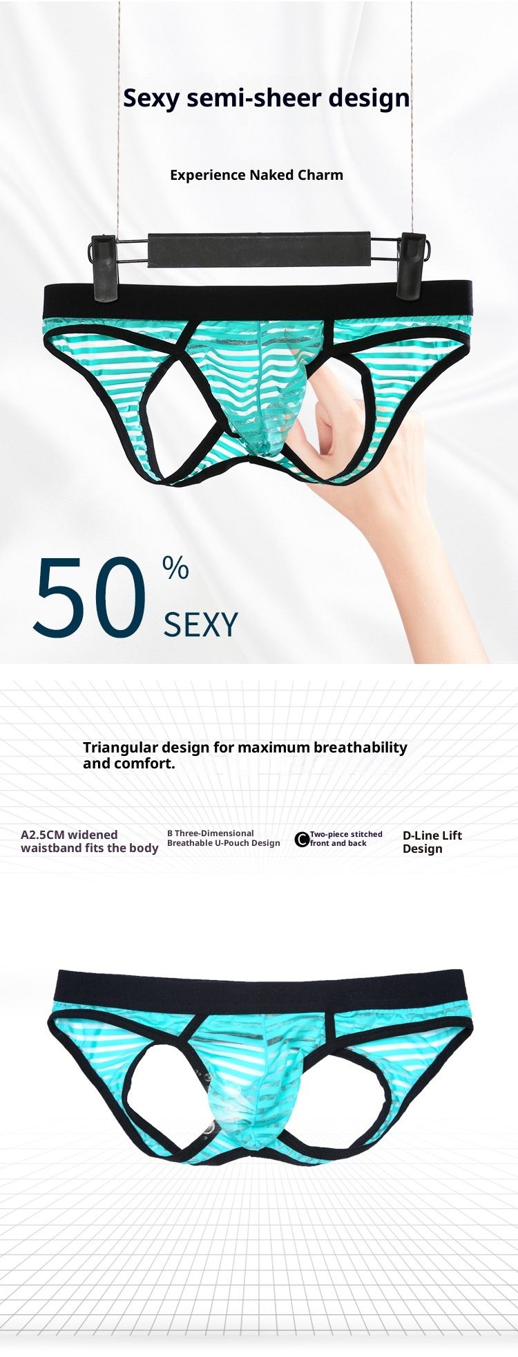 LuvBox Men's Underwear Triangle Striped Hollow Out Double D Low Waist Sexy Breathable Comfortable Open Crotch Briefs_voghion.com