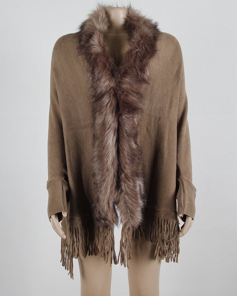 Maglione cardigan tinta unita in stile europeo e americano, autunno e inverno, con nappa e collo in pelliccia_voghion.com