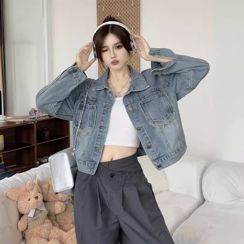 Aiyixuan Short Denim Jacket, Women's Early Autumn New Design, Slimming Long Sleeved Jacket Top_voghion.com