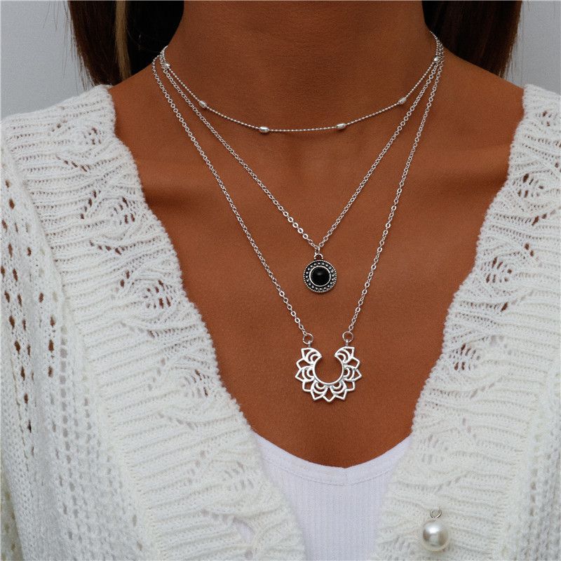 Sonnenblumen-Obsidian-Anhänger Schlangenknochen Mehrschichtige Schlüsselbeinkette Halskette für Frauen_voghion.com