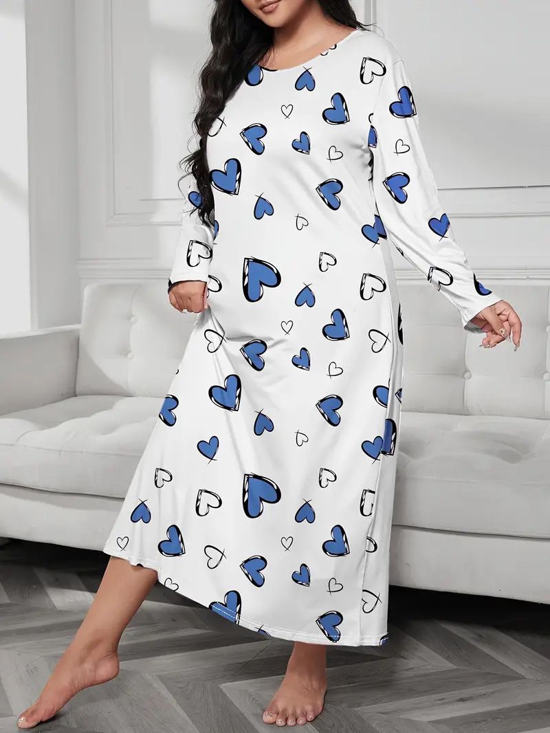 Damenbekleidung Langärmliges Nachthemdkleid mit Schmetterlings- und Herz-Leopardenmuster, überschnittener Schulter, großer Größe_voghion.com
