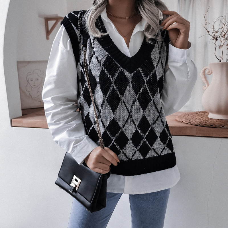 Vêtements pour femmes automne et hiver style collégial losange col en v décontracté gilet tricoté ample pull vêtements pour femmes_voghion.com