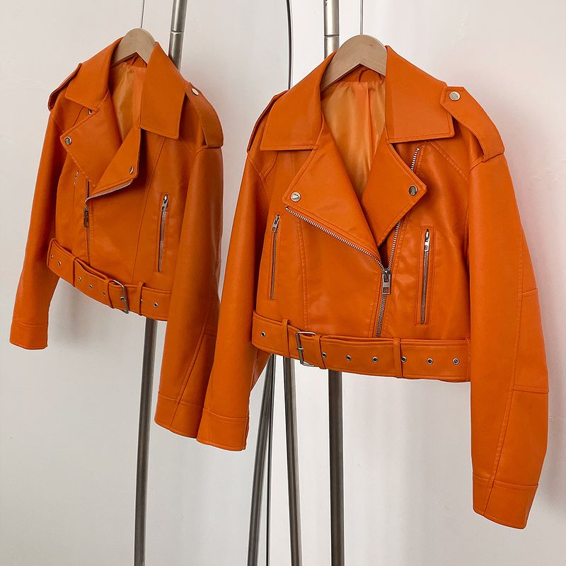 Trendige PU-Lederjacke für Damen, kurzer Mantel im Biker-Stil, modische, lockere Passform, lässige Oberbekleidung mit Reißverschluss in Schwarz, Aschgrau, Olivgrün, Himmelblau, Mandarine_voghion.com