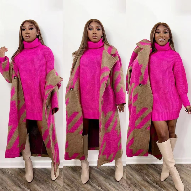 Women's Cothing Various Color Matching Fashion Long Sleeved Lapel Coat Printed Woolen Coat_voghion.com