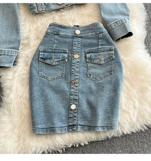 Women's Denim Jacket & High Waist Pencil Skirt Two-Piece Set - Slim Fit Short Cropped Blazer With Button Front & Bodycon Mini Skirt (Blue, S/M/L)_voghion.com