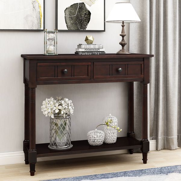 TREXM Daisy Series Console Table Traditional Design With Two Drawers And Bottom Shelf (Espresso)_voghion.com