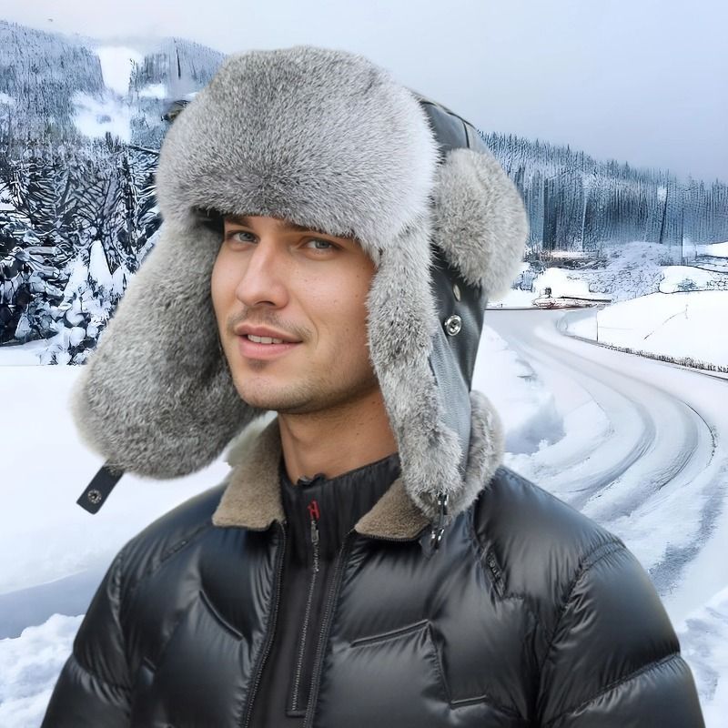 Neue Außenhandelspelz-Rindsleder-Kaninchenfell-Lei-Feng-Mütze für Herren im Winter, verdickte warme Ohrenschutzmütze, grenzüberschreitende Pelz-Kaltmütze_voghion.com