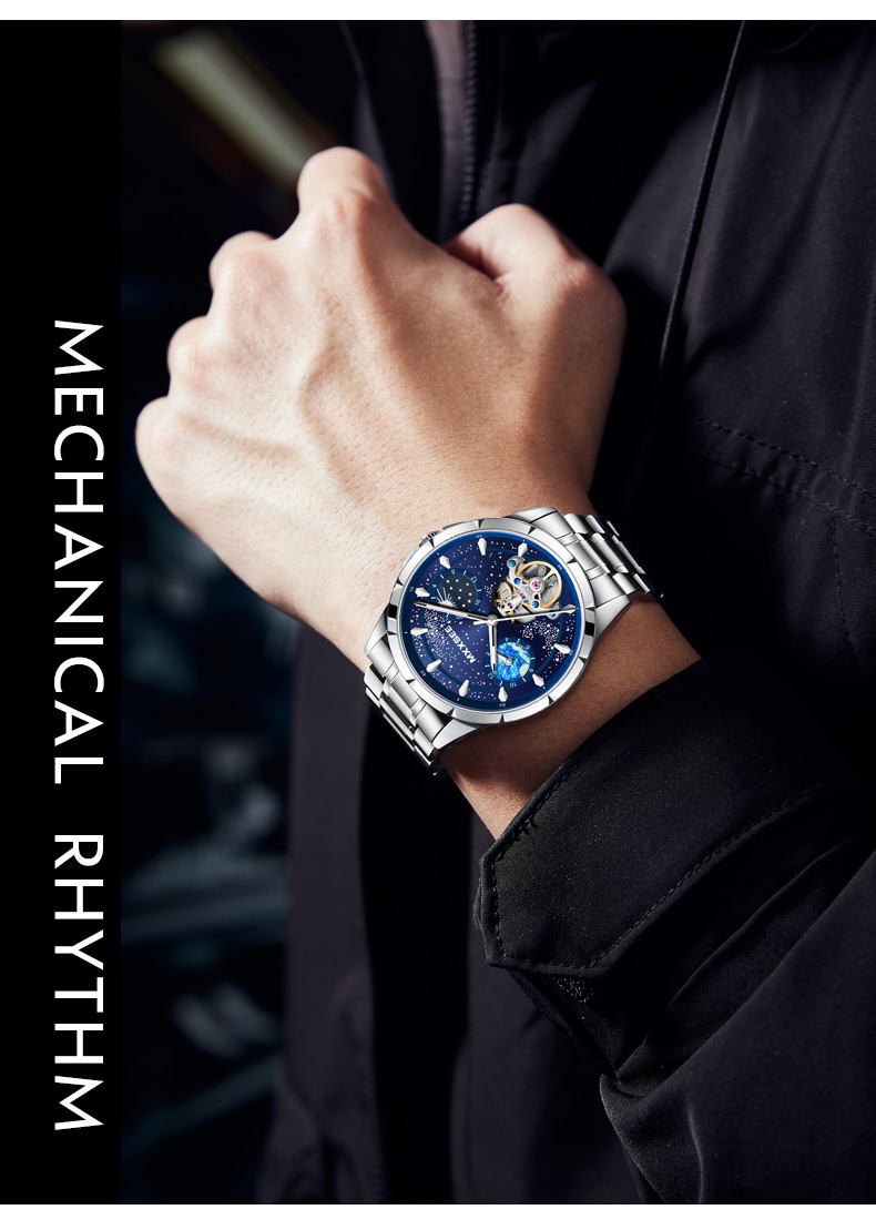 Men's Automatic Mechanical Watch With Skeleton Dial, Multifunction, Luminous Hands, Water Resistant, Stainless Steel Band, Timepiece Casual Wear_voghion.com
