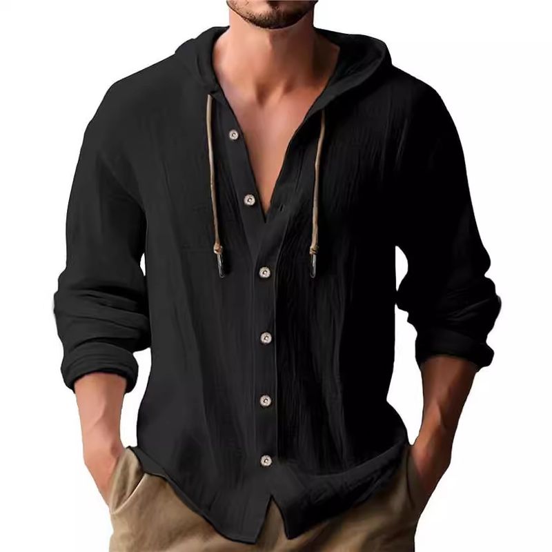 2024 Nova Primavera/Verão Camiseta com Capuz Sólido Algodão e Cânhamo Masculino Casual Manga Comprida Top_voghion.com