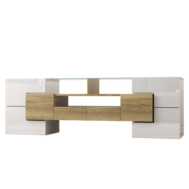 Meuble TV moderne, buffet bas blanc brillant de 145 cm avec éclairage LED, surface en verre élégante, mobilier de salon contemporain_voghion.com