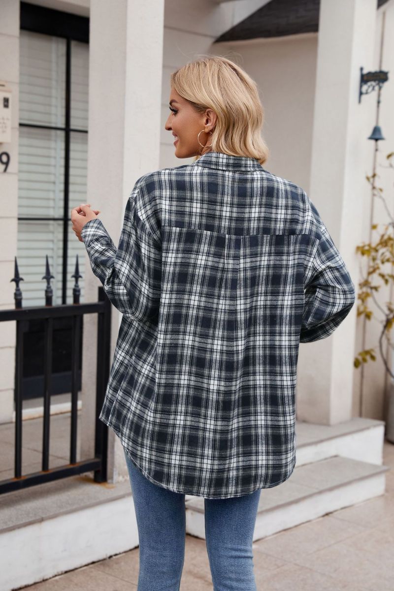 Camicia oversize in flanella a quadri da donna, manica lunga, casual, streetwear, vestibilità ampia, con bottoni e tasca_voghion.com