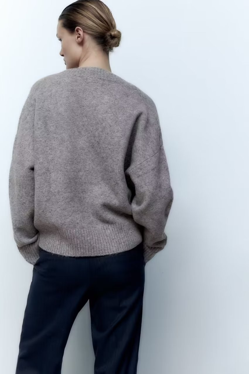 Mode femme col en v mode en direct ample décontracté doux gris pull tricots_voghion.com