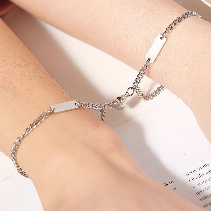 Titanium Steel Heart Magnetic Couple Bracelets Pair Simple Niche Non-Fading Versatile Design Engravable Gift_voghion.com
