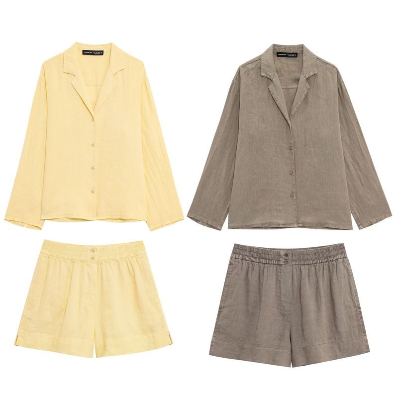 Abbigliamento estivo da donna, nuovo stile, camicia a maniche lunghe in lino con scollo a V e pantaloncini a vita media_voghion.com