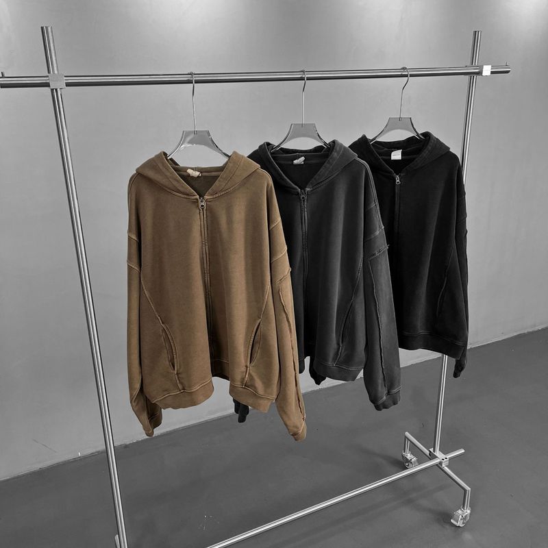 430GSM Wax-Dyed Distressed Hooded Jacket – Raw-Edge Zip-Up Overshirt (Unisex Vintage Streetwear, Boro Wash Effect)_voghion.com