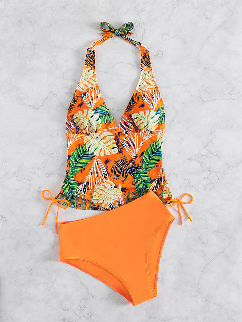 Maillot de bain femme triangle fendu dentelle couleur unie imprimé feuille maillot de bain bikini_voghion.com