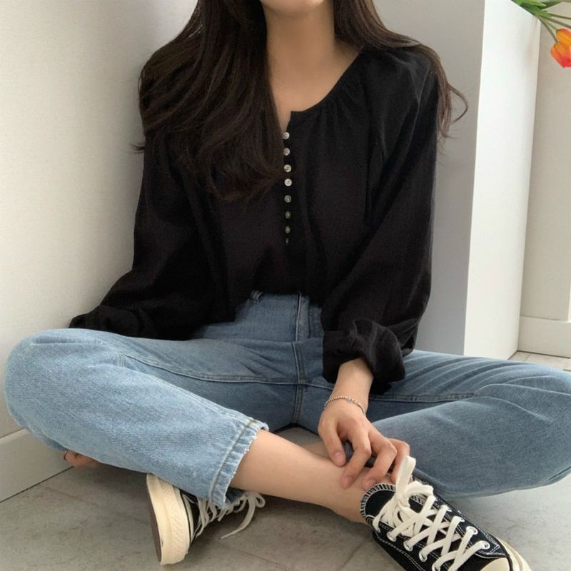 Camicia a maniche lunghe ampia e sottile con fibbia a conchiglia, girocollo semplice ed elegante coreana, per donna, 2024_voghion.com