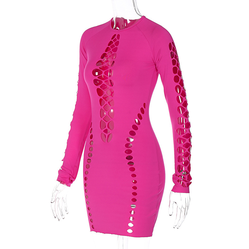 Abito corto da donna in tinta unita sexy a maniche lunghe con scollo rotondo_voghion.com