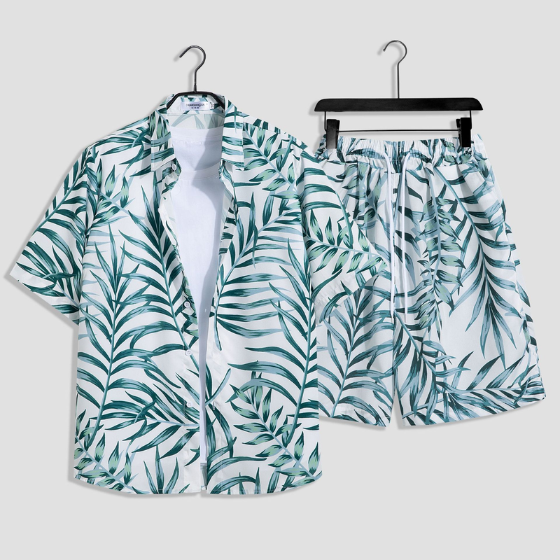 Herenkleding aan zee, strandvakantie, losse heren, plus size paar, trendy bloemenoverhemd met korte mouwen, casual tweedelige set_voghion.com