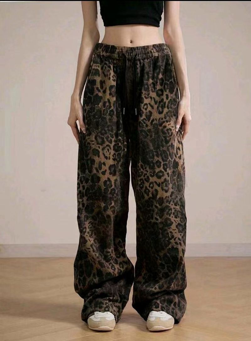 Spodnie damskie Street Dance Leopard Print Sports Skateboard Casual Wide-Leg Straight Long_voghion.com