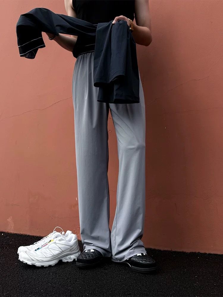Men's Clothing Lightweight Stretch Polyester Straight Leg Casual Pants With Pleats - Breathable & Comfortable For Summer (Black/Grey, S/M/L/XL)_voghion.com