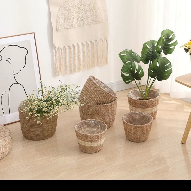 Nordic Grass Woven Pot, Living Room Floor To Ceiling Balcony, Green Plants, Internet Red Vine Woven, Hugging Flower_voghion.com