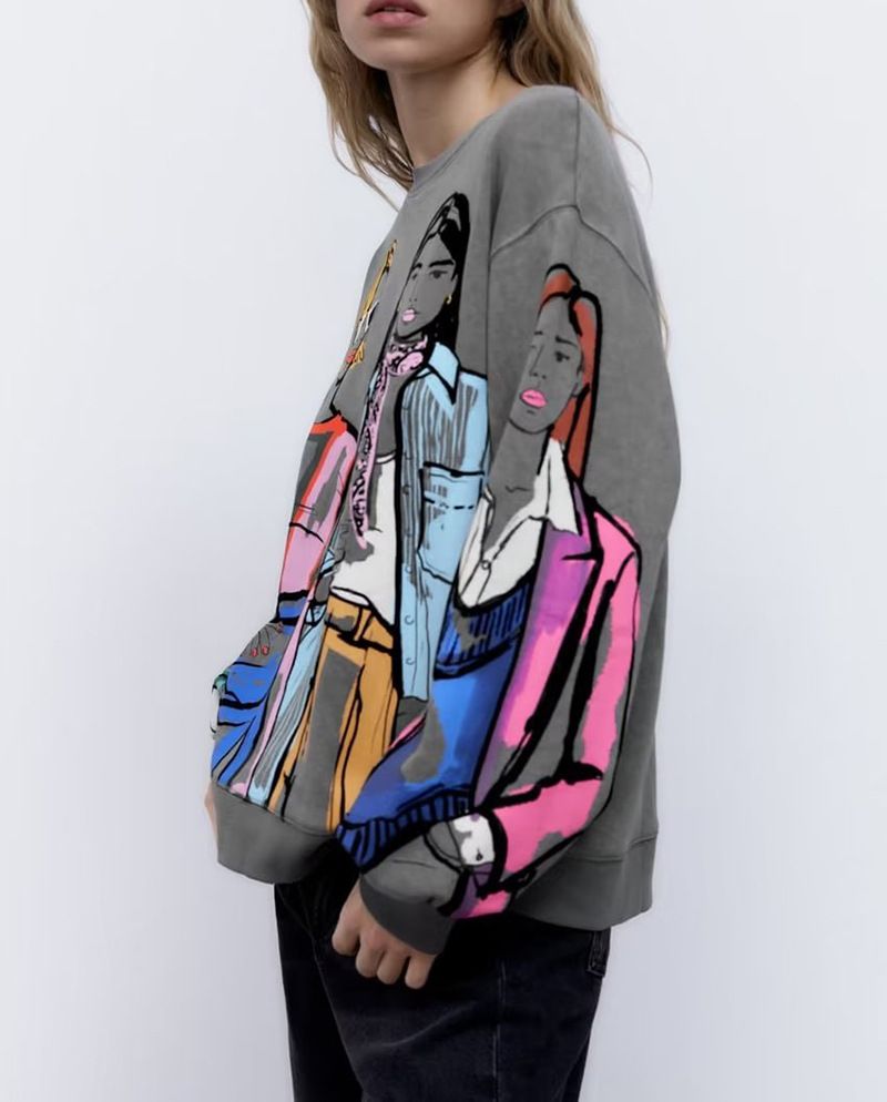 2022 Sonbahar ve Kış Yeni Kadın Sıcak Polar Astarlı Kapüşonsuz Yuvarlak Yaka Bol Baskılı Sweatshirt 1131865_voghion.com