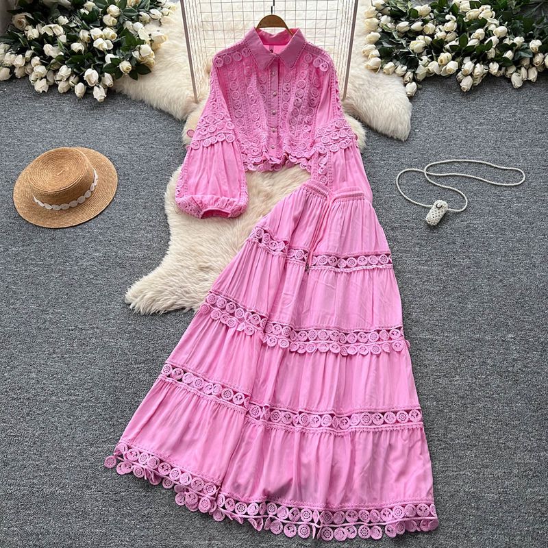 French Retro Heavy Hollow Lace Splicing Lantern Sleeve Short Shirt High Waist Big Swing Skirt Autumn Suit_voghion.com